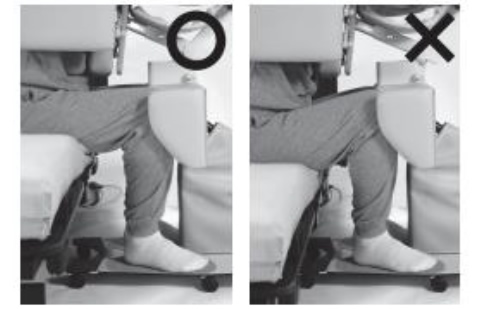 図3 膝あてクッションを膝に合わせる（左が膝が90°で正しい。右が誤使用例）