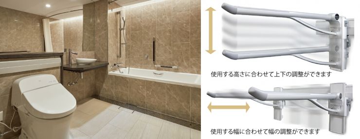 左は上の京王プラザホテル　ユニバーサルルームの手すりを取り外した様子。手すりは、高さと幅を調整できます